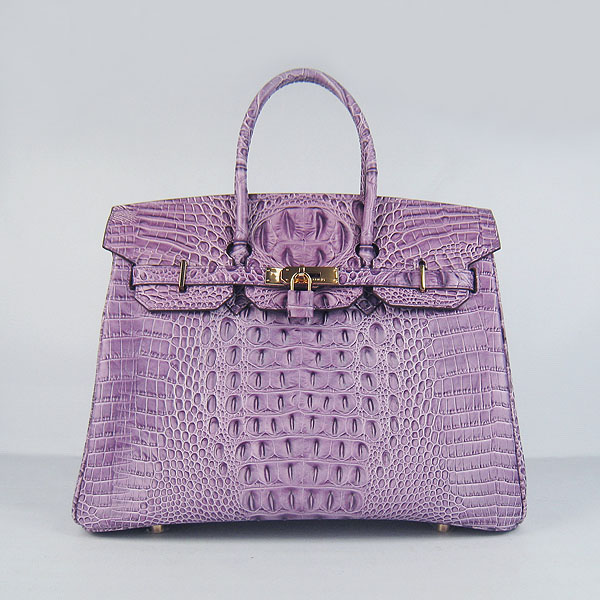 High Quality Fake Hermes Birkin 35CM Crocodile Head Veins Leather Bag Purple 6089